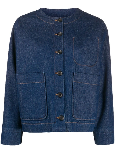 Shop Apc Collarless Denim Jacket In Blue