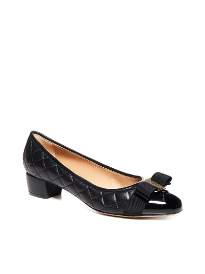 Shop Ferragamo Vara Quilted Leather And Patent Leather Pumps In Nero