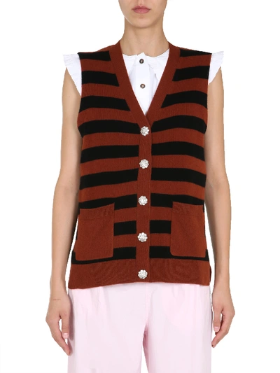 Shop Ganni Striped Motif Vest In Marrone
