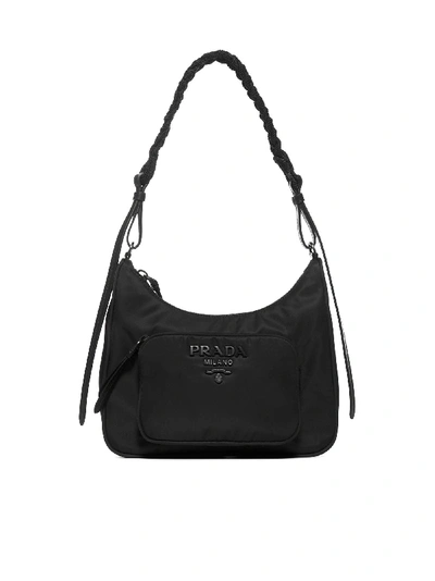 Shop Prada Logo Nylon Hobo Bag In Nero