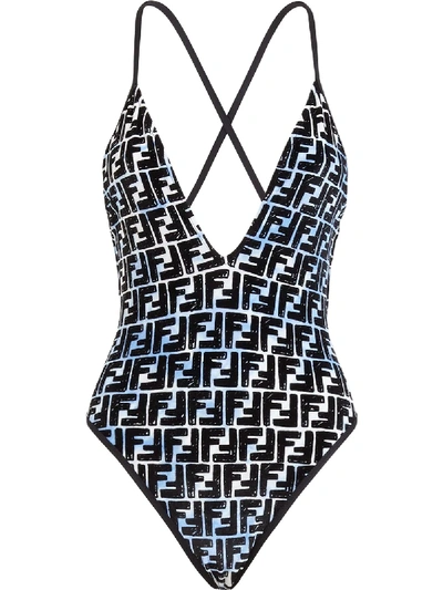 Shop Fendi X Joshua Vides Ff Print Swimsuit In Blue