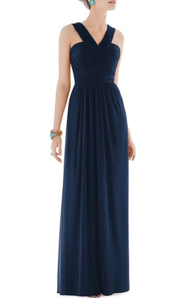 Shop Alfred Sung Shirred Chiffon V-neck Gown In Midnight