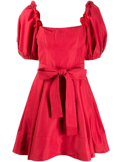 Shop Self-portrait Puff-sleeved Tie-waist Dress In Red