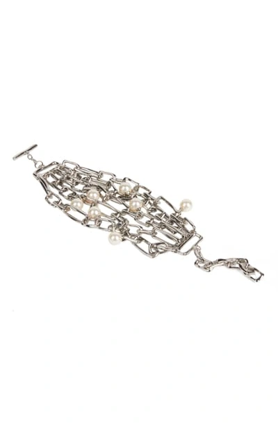Shop Alexis Bittar Future Antiquity Imitation Pearl Studded Chain Link Bracelet In Rhodium