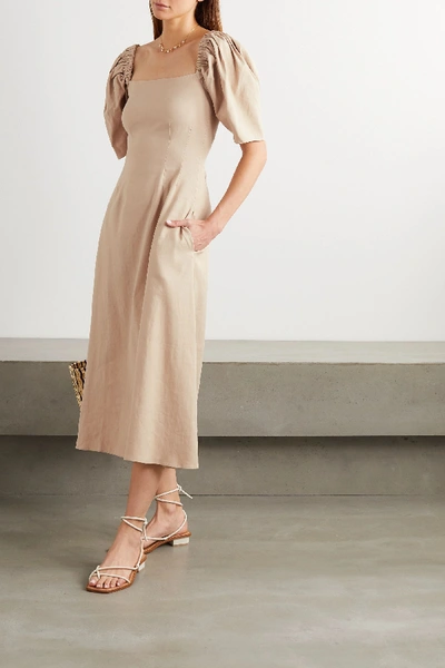 Shop Anna Quan Aura Linen-blend Midi Dress In Sand