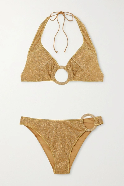 Shop Oseree Embellished Stretch-lurex Halterneck Bikini In Gold