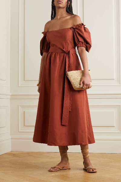 Shop Self-portrait Belted Taffeta Midi Dress In Brown