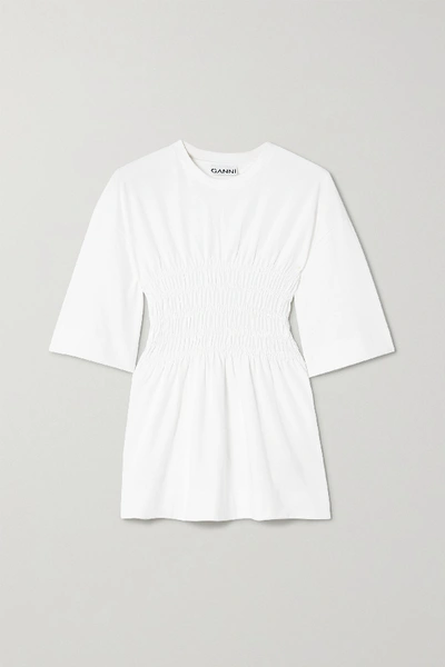 Shop Ganni Shirred Organic Cotton-jersey T-shirt In White