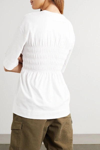 Shop Ganni Shirred Organic Cotton-jersey T-shirt In White