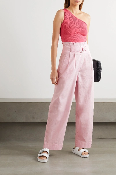 Shop Ganni Belted Cotton-blend Ripstop Wide-leg Pants In Baby Pink