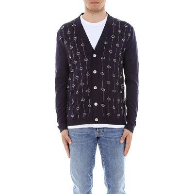 Shop Gucci Gg Stripe Embroidered Cardigan In Blue