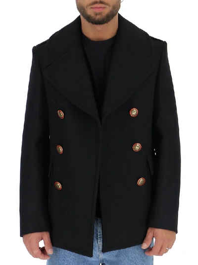 Shop Givenchy Double Breasted Blazon Button Peacoat In Black