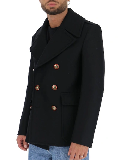 Shop Givenchy Double Breasted Blazon Button Peacoat In Black