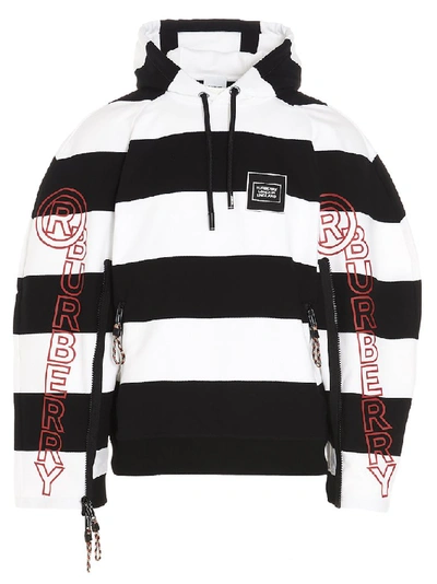 Burberry Striped Logo Sleeve Cotton Hoodie In Black | ModeSens