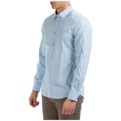 Shop Burberry Embroidered Ekd Stretch Poplin Shirt In Blue