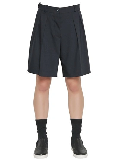 Jil Sander Pleated Stretch Cool Wool Shorts In Navy