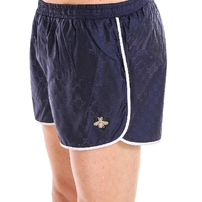 Shop Gucci Bee Embroidered Swim Shorts In Blue