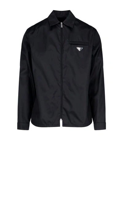 Shop Prada Zipped Logo Shirt Jacket In Black