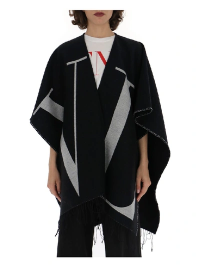 Shop Valentino Vltn Fringed Poncho In Black