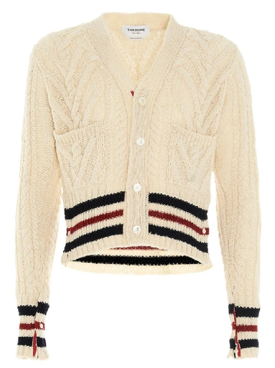 Shop Thom Browne Striped Cable Knit Cardigan In White
