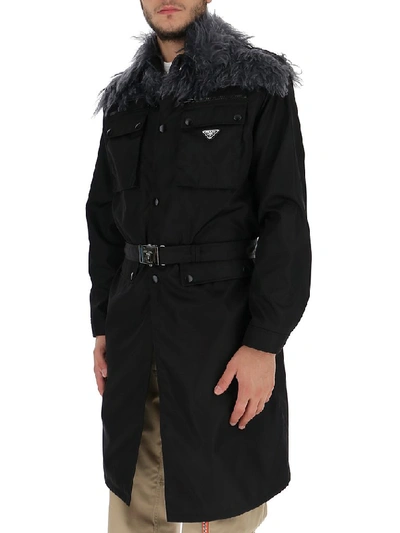 Shop Prada Fur Trim Belted Coat In Black