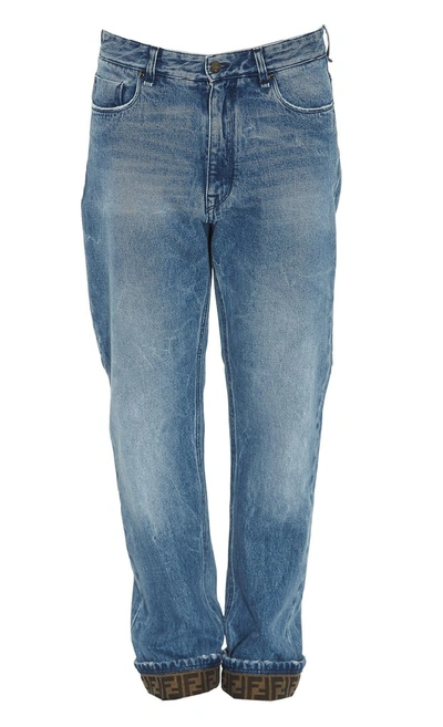 Shop Fendi Ff Cuffed Straight Leg Jeans In Blue