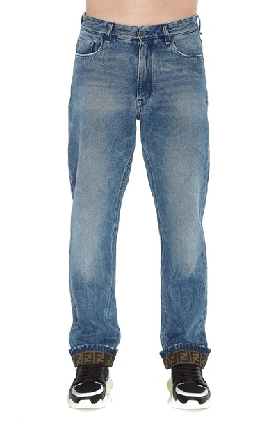 Shop Fendi Ff Cuffed Straight Leg Jeans In Blue