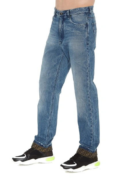 Shop Fendi Ff Cuffed Straight Leg Jeans In Blue