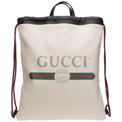Shop Gucci Logo Print Medium Drawstring Backpack In White