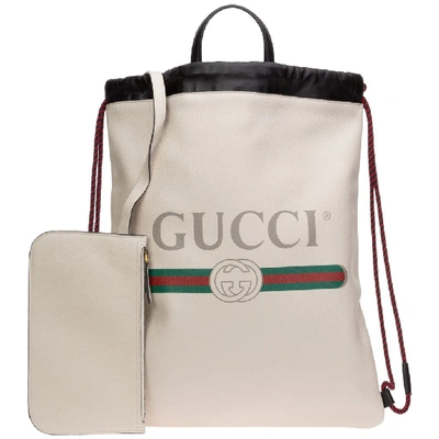 Shop Gucci Logo Print Medium Drawstring Backpack In White