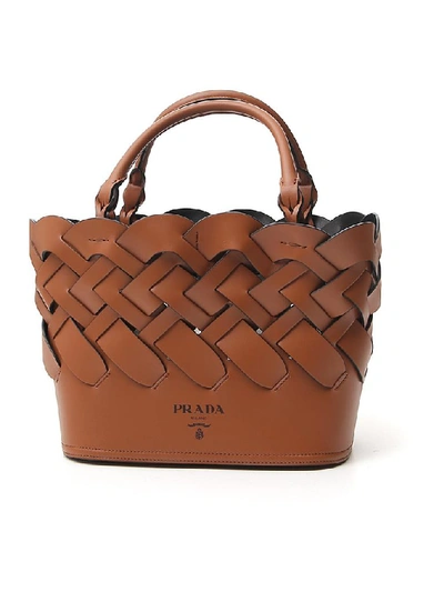 Shop Prada Woven Bucket Bag In Brown