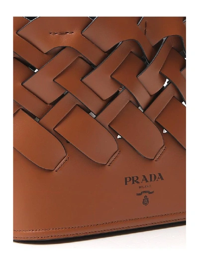 Shop Prada Woven Bucket Bag In Brown