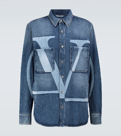 Shop Valentino Vltn Denim Distressed Overshirt In Blue