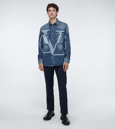 Shop Valentino Vltn Denim Distressed Overshirt In Blue