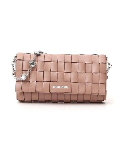 Shop Miu Miu Woven Crystal Embellished Shoulder Bag In Pink
