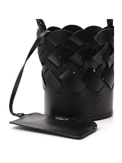 Shop Prada Woven Bucket Bag In Black