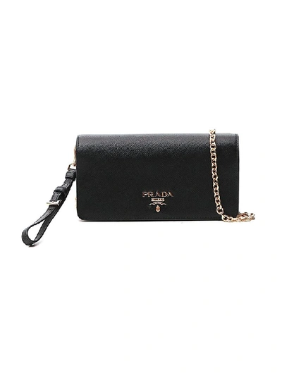 Shop Prada Logo Chain Strap Clutch Bag In Black