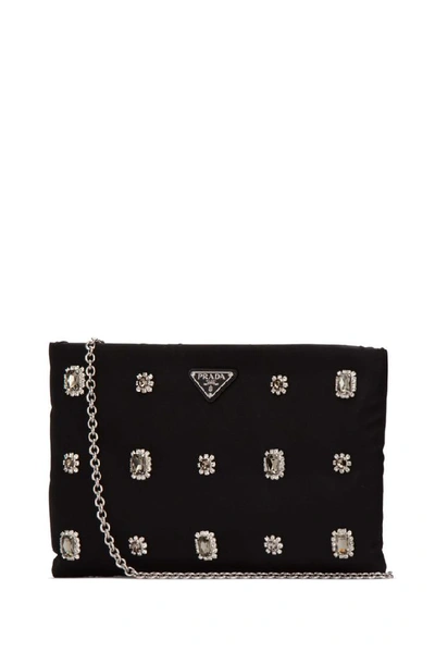 Shop Prada Crystal Embellished Clutch Bag In Black