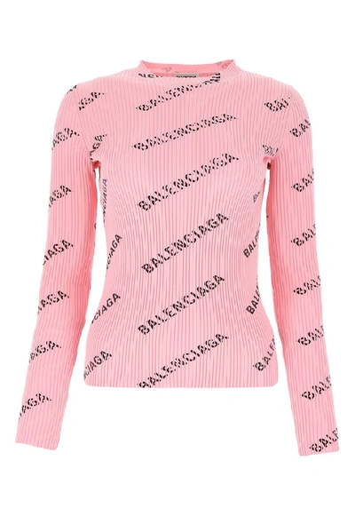 Shop Balenciaga All Over Logo Ribbed Top In Pink