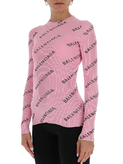 Shop Balenciaga All Over Logo Ribbed Top In Pink