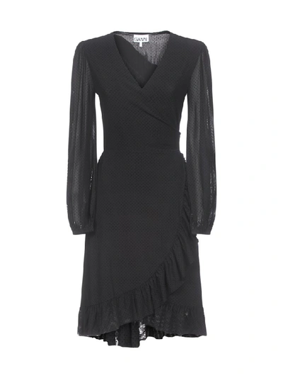 Shop Ganni Dot Mesh Wrap Dress In Black