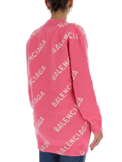 Shop Balenciaga All Over Logo Intarsia Cardigan In Pink