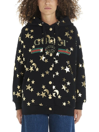 Shop Gucci Stars And Moon Logo Print Hoodie In Black