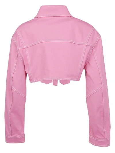 Shop Balmain Cropped Denim Jacket In Pink