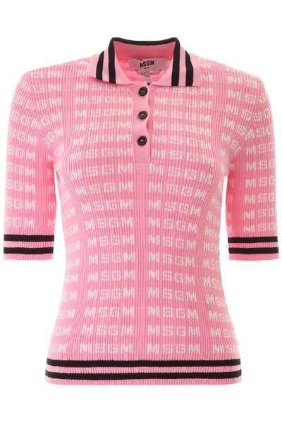 Shop Msgm Allover Logo Ribbed Polo Shirt In Pink