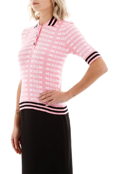Shop Msgm Allover Logo Ribbed Polo Shirt In Pink