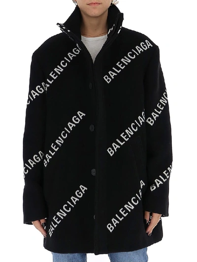 Shop Balenciaga Allover Logo Coat In Black