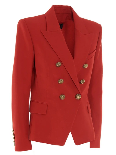 Shop Balmain Double Breasted Blazer In Red