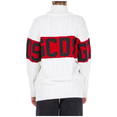 Shop Gcds Logo Turtleneck Cable Knit Sweater In White
