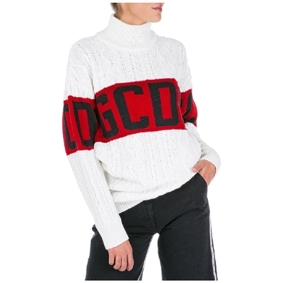 Shop Gcds Logo Turtleneck Cable Knit Sweater In White